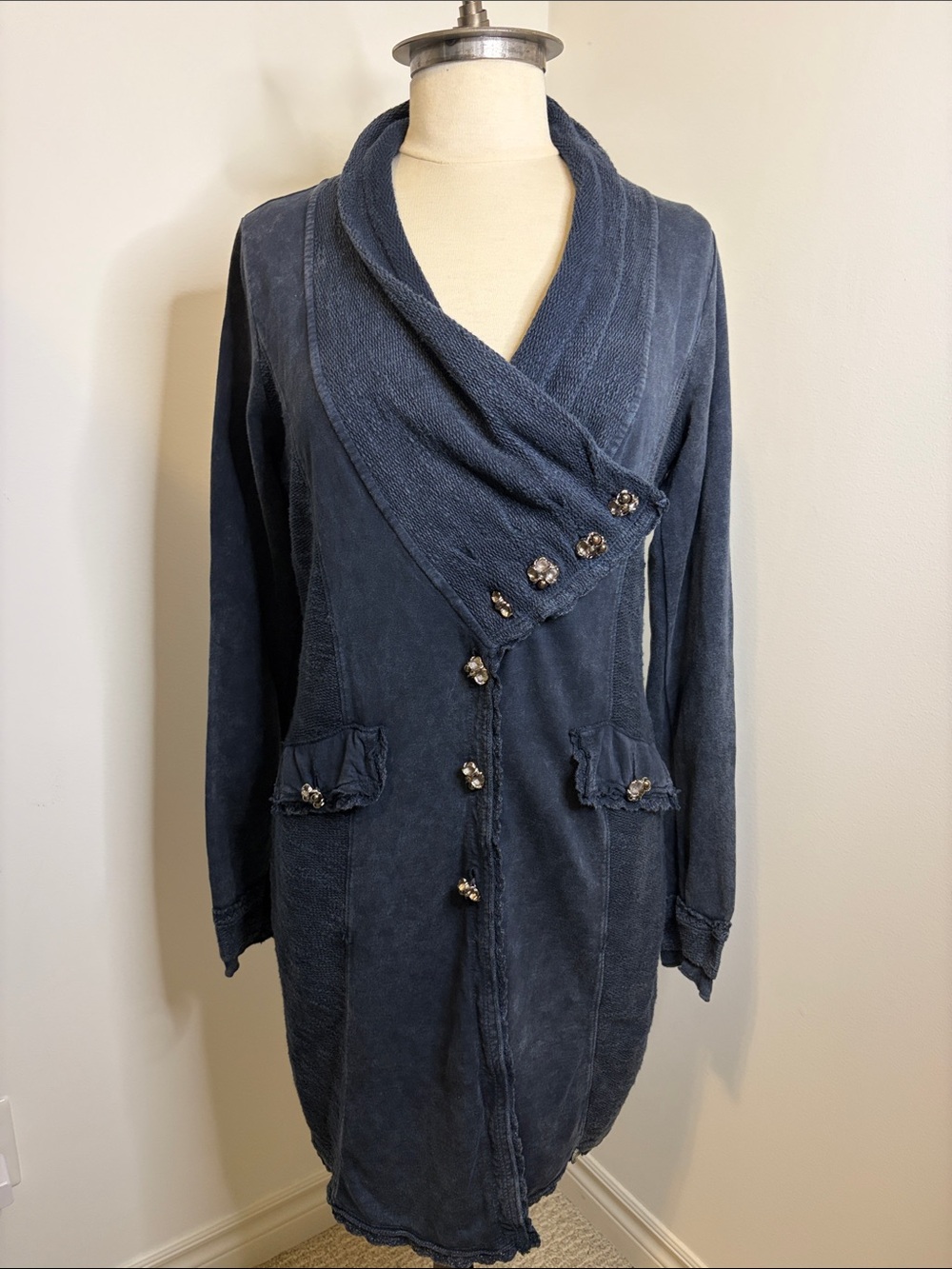 NWT TREDY Blue Acid Wash Cotton Cardigan Coat Jacket Rhinestone Accents SIZE 36